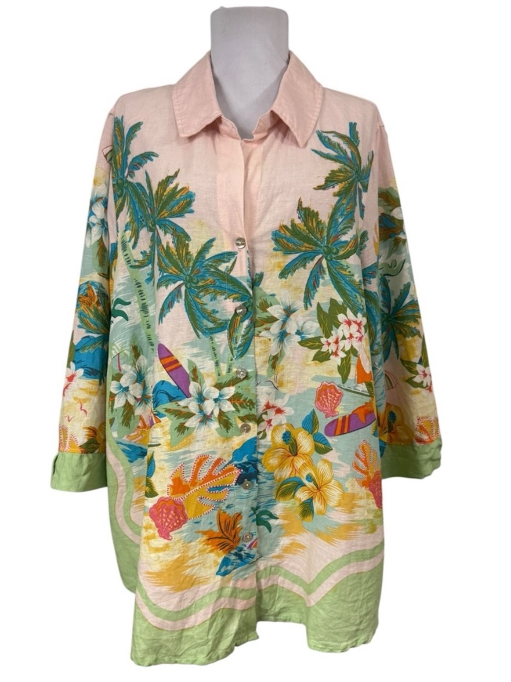 Cynthia Rowley 2X Button Down Blouse Linen Blend Tropical Palm Trees 3/4 Sleeves